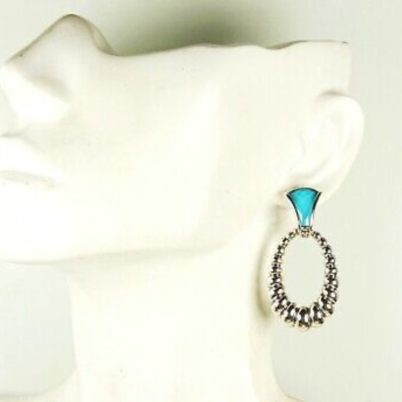 LAGOS Venus Link Oval Fluted Sterling Silver 18K Gold Post Turquoise Earrings - Picture 10 of 10